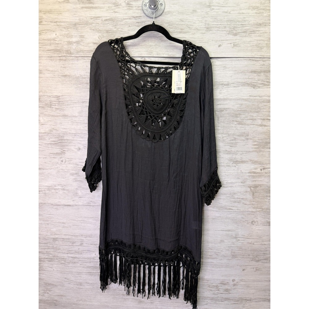 Beach By Exist Cover Up Womens S/M Black Crochet Fringe Sheer Long Sleeve